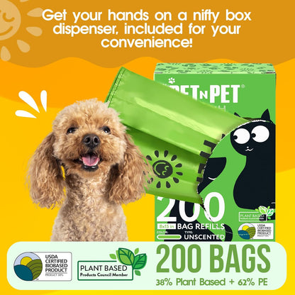 Poop Bags Unscented | Dog Poop Bags with Tie Handles | USDA Certified 38% Biobased Dog Waste Bags | Cat Poop Bags | Durable Dog Bags for Poop | Easy Dispensing 200 Counts Poop Bags for Dogs