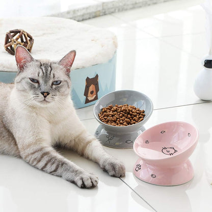 Ceramic Raised Cat Bowls, Slanted Cat Dish Food or Water Bowls, Elevated Porcelain Pet Feeder Bowl Protect Cat'S Spine, Stress Free, Backflow Prevention (Pink)