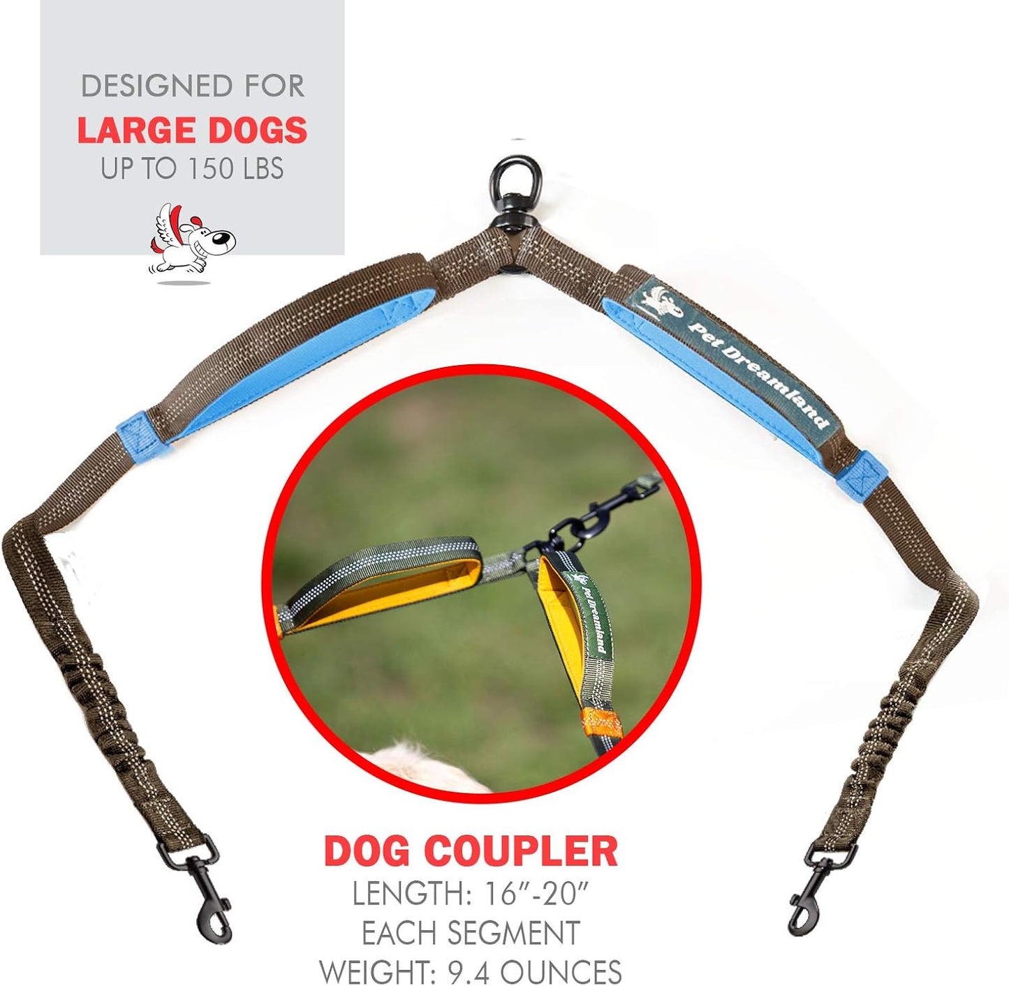 Exquisite Two Dog Leash Splitter | Double Dog Leash for Large Dogs Heavy Duty | No Tangle 2 Dog Leash Coupler | Dual Dog Leash Attachment | Retractable Dual Leashes for 2 Dogs