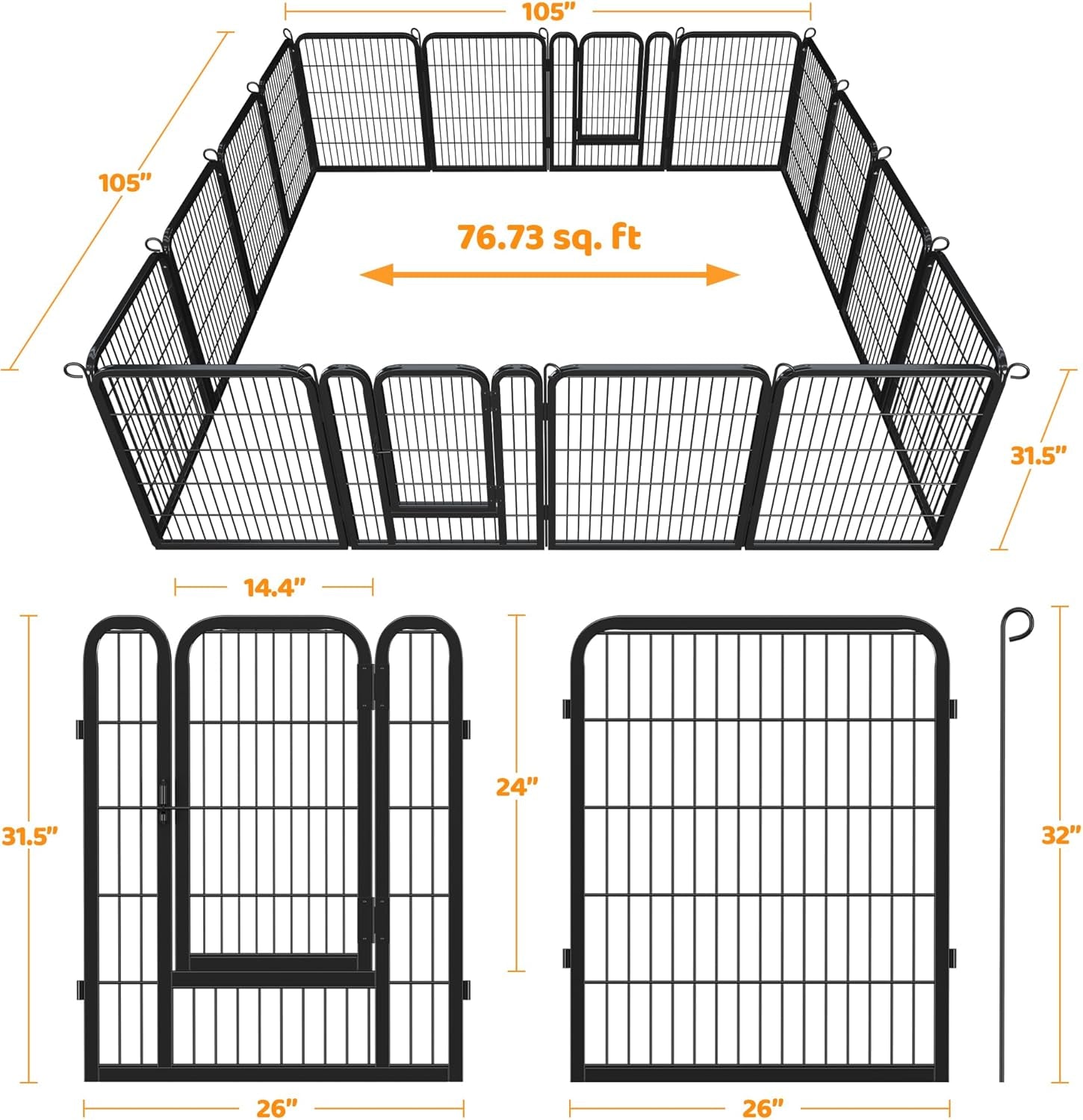 32-Inch Heavy Duty Dog Pen- Foldable Metal 16 Panel Dog Pen Dog Exercise Pen Barrier Kennel Portable Cat Duck Chicken Puppy Fence with Door Outdoor & Indoor Black