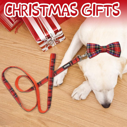 Christmas Dog Collar and Leash Set, Classic Plaid Collar with Removable Bowtie and Matching Leash for Small Medium and Large Dogs