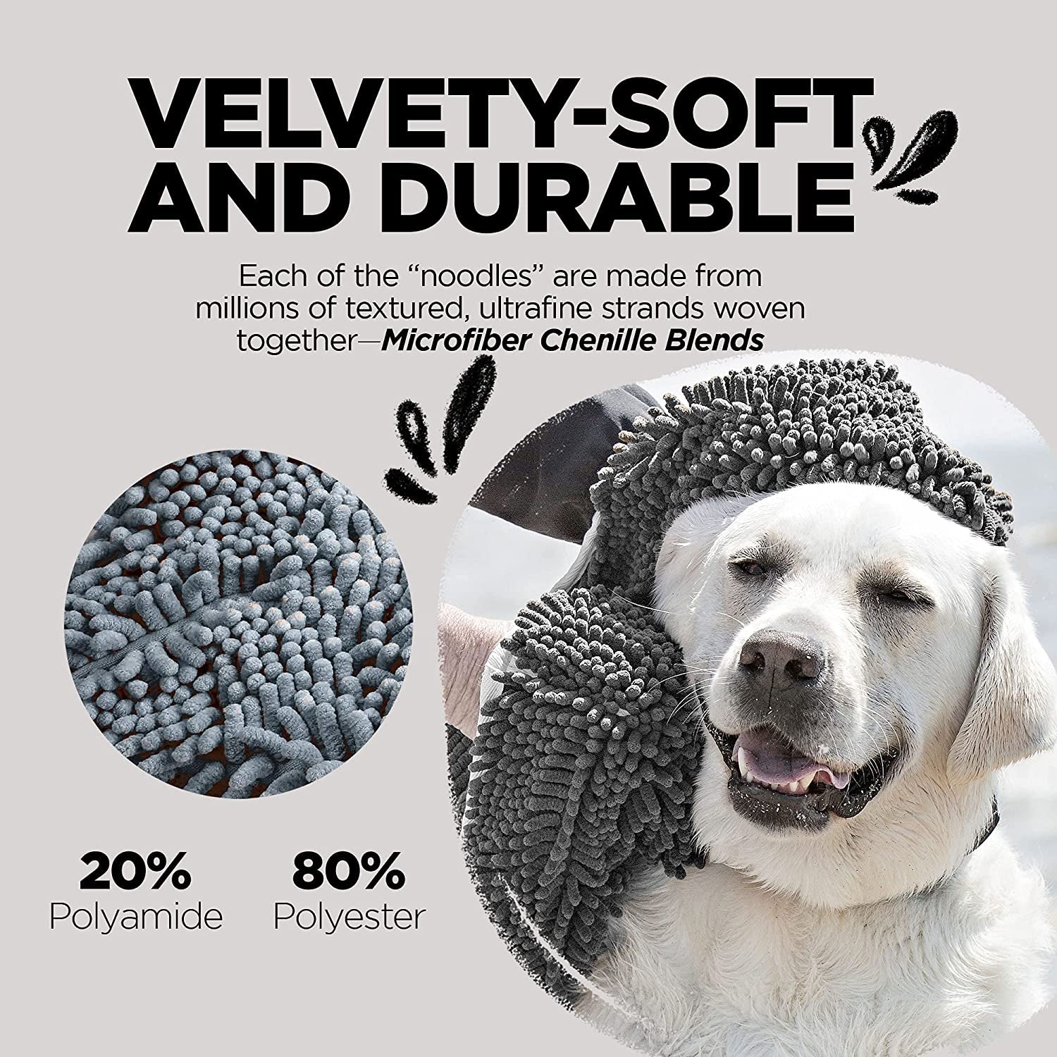 Soggy Doggy Super Shammy Dog Towel, Washable Microfiber Dog Towels for Drying Dogs and Cleaning Paws, Fast-Drying Dog Bath Towel with Hand Pockets, Gray/Gray Trim, 31 X 14 Inches