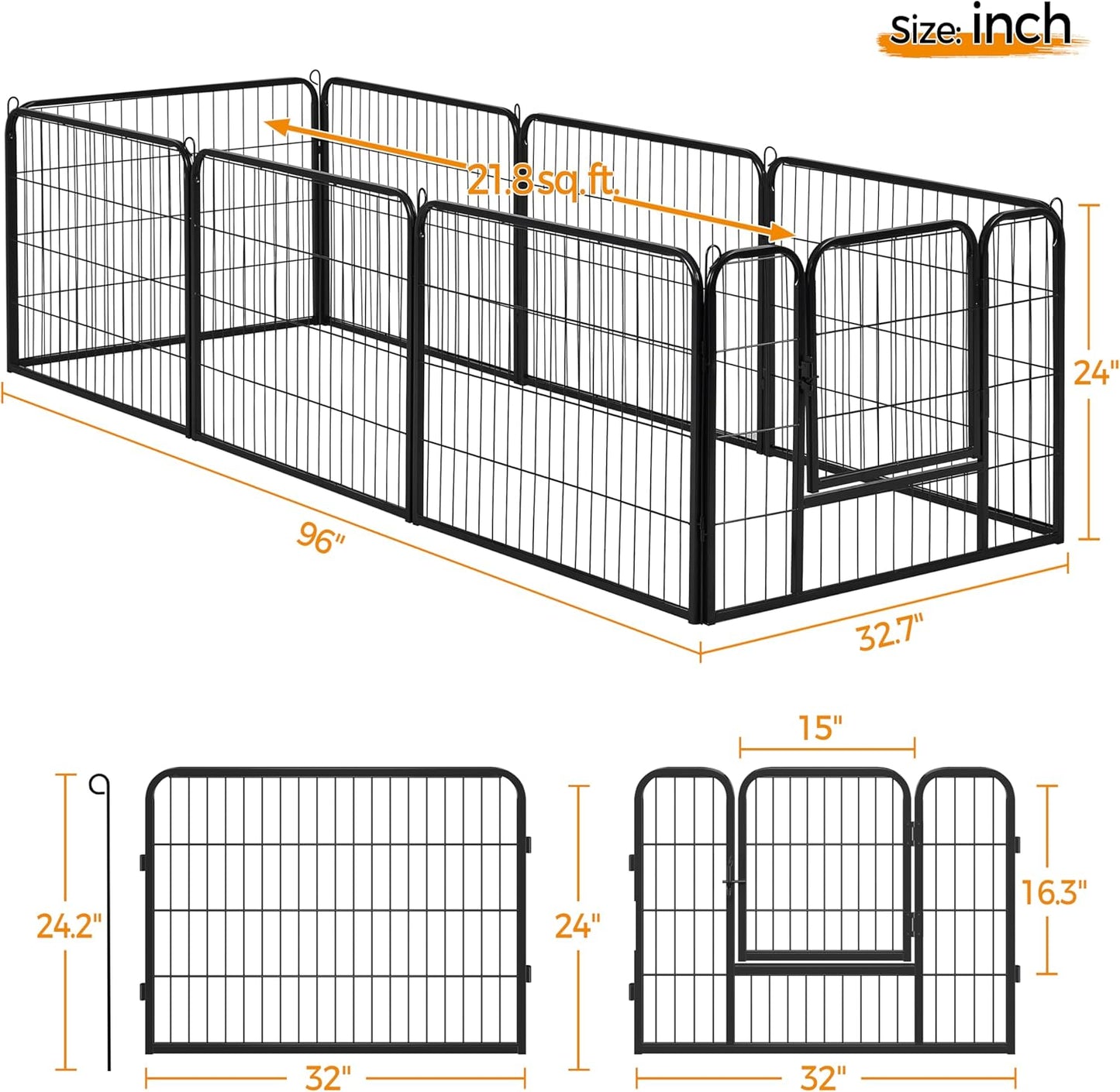 8 Panel 24-Inch Dog Pen Playpen - Heavy Duty Metal Pet Dog Puppy Exercise Fence Fencing Barrier Kennel W/Gate Outdoor Indoor Black