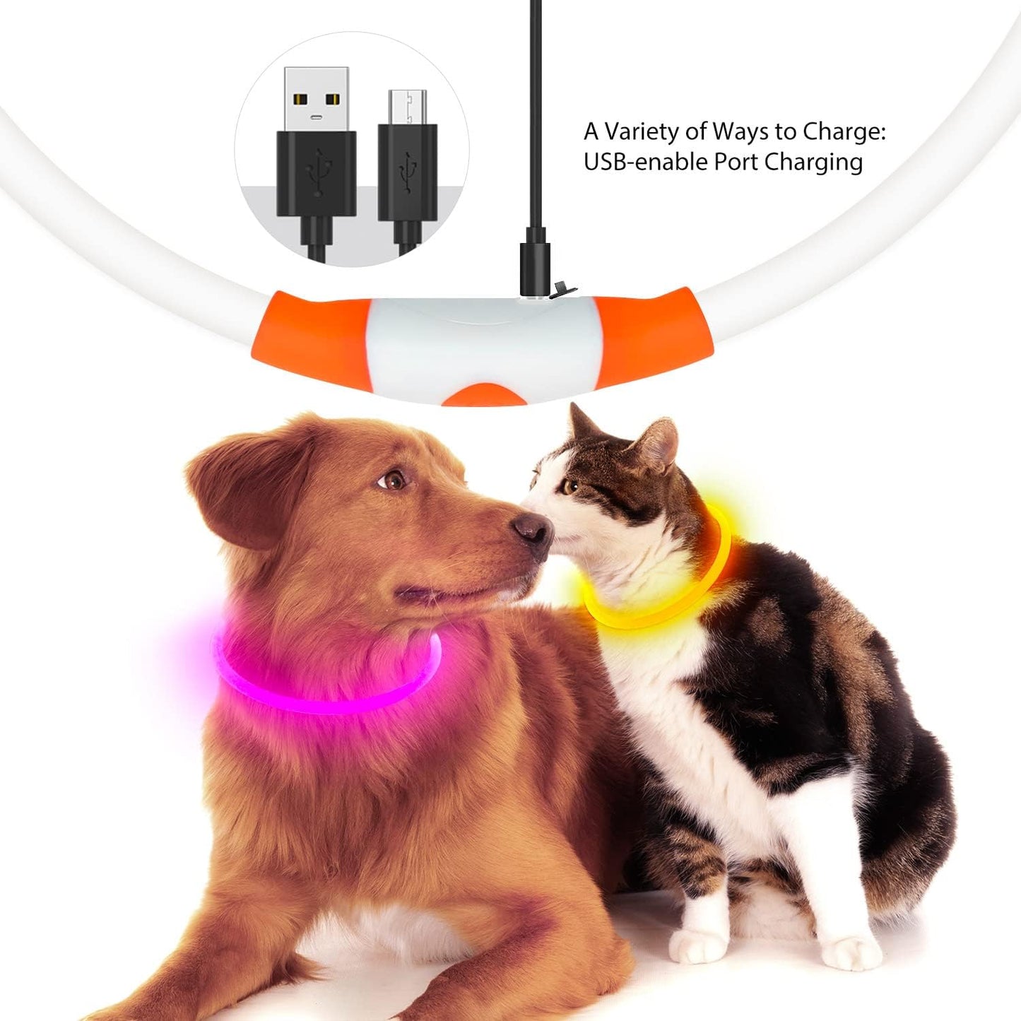 LED Dog Collar, USB Rechargeable Glowing Lighted up Collar, Cuttable Water-Resistant TPU Safety Collar Lights for Small Medium Large Dogs