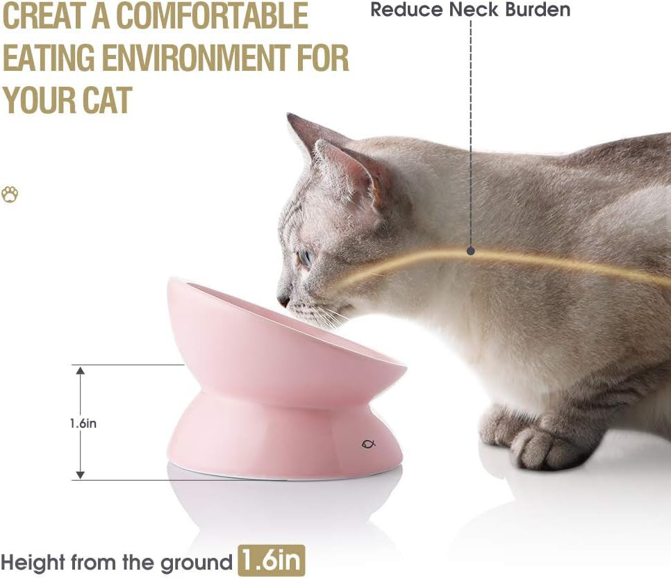 Ceramic Raised Cat Bowls, Slanted Cat Dish Food or Water Bowls, Elevated Porcelain Pet Feeder Bowl Protect Cat'S Spine, Stress Free, Backflow Prevention (Pink)